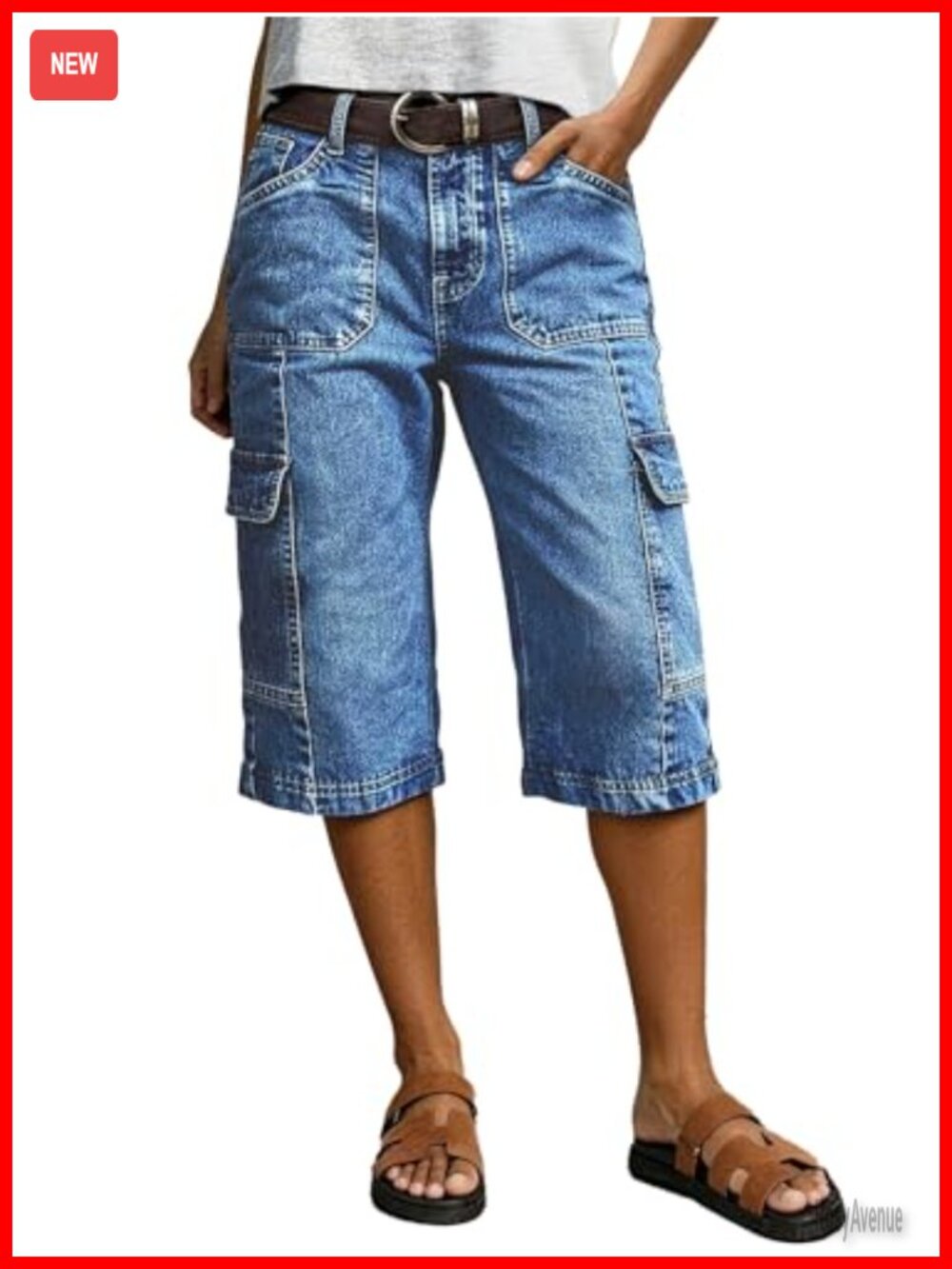 Flamingals Mid Waist Straight Leg Capri Pants Mid Calf Stitch Detail Side